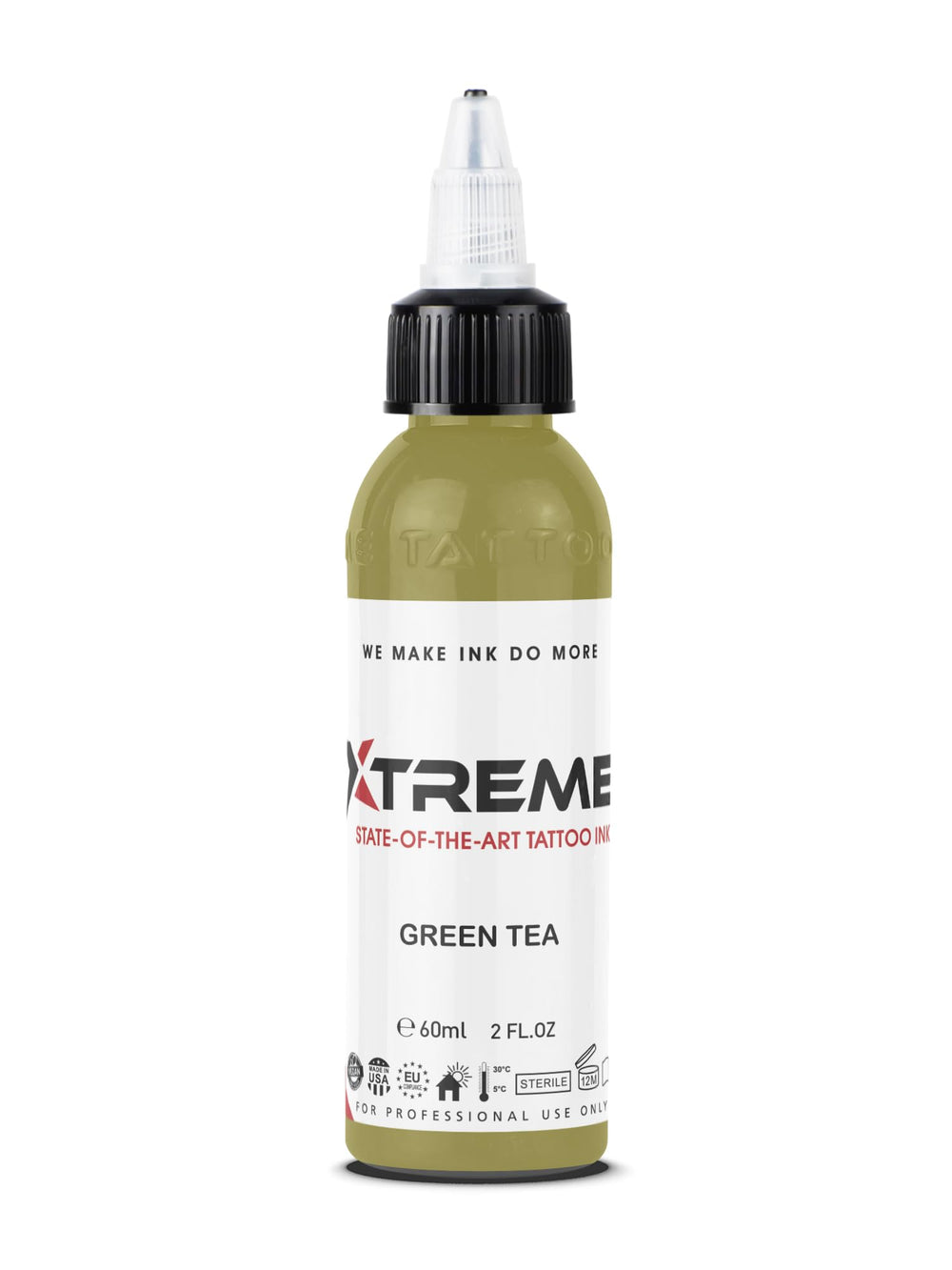 XTREME tattoo ink Green Tea bottle showcases vibrant hue for precise linework