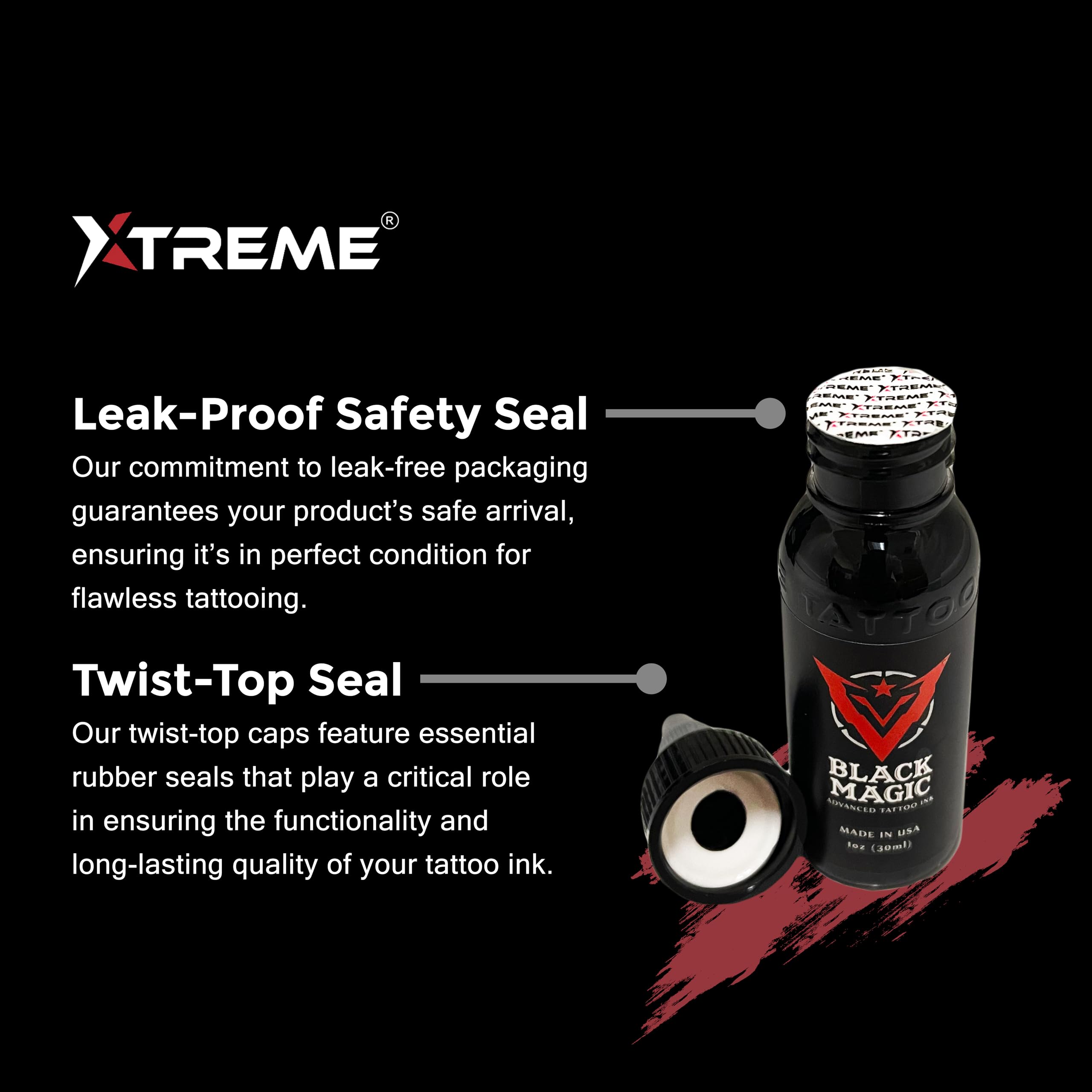 XTREME Tattoo Ink label closeup with sterile, vegan, kosher credentials.