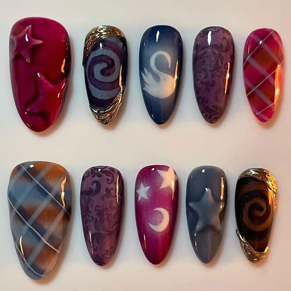 XUNCUNFAN almond medium red nails with swan grid design for elegant everyday wear