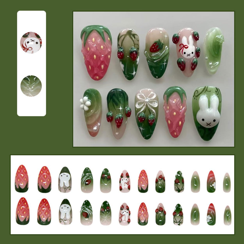 XUNCUNFAN almond medium nails close-up highlights 3D strawberry design for quick glam at home.