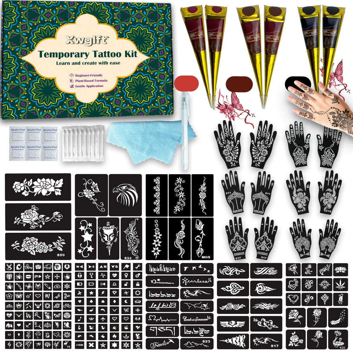 XWGLFT stencil kit with 20 sheets and 191 designs for versatile body art ideas.