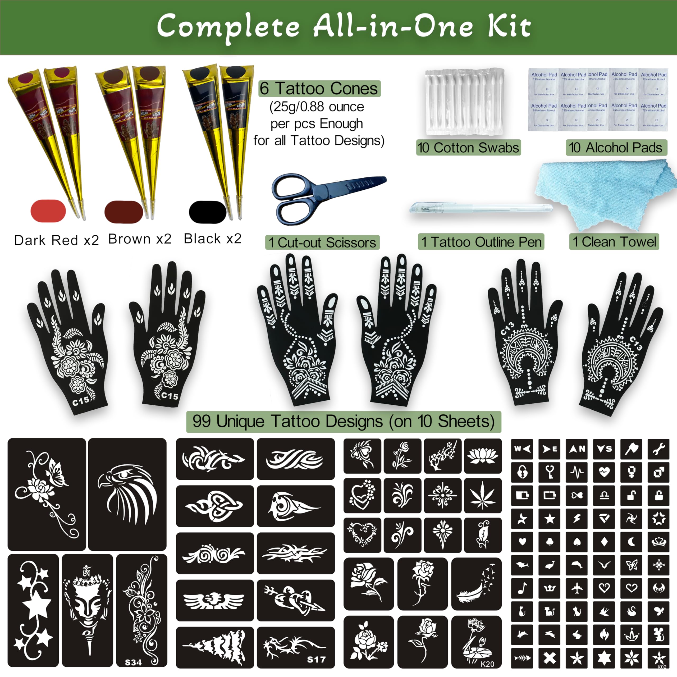 XWGLFT kit with 99 stencil designs for versatile body art