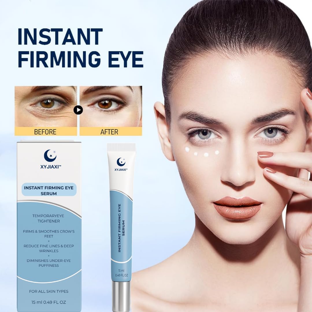 XYJIAXI Instant Firming Eye Serum before-after comparison illustrates lifting and reduced shadows.