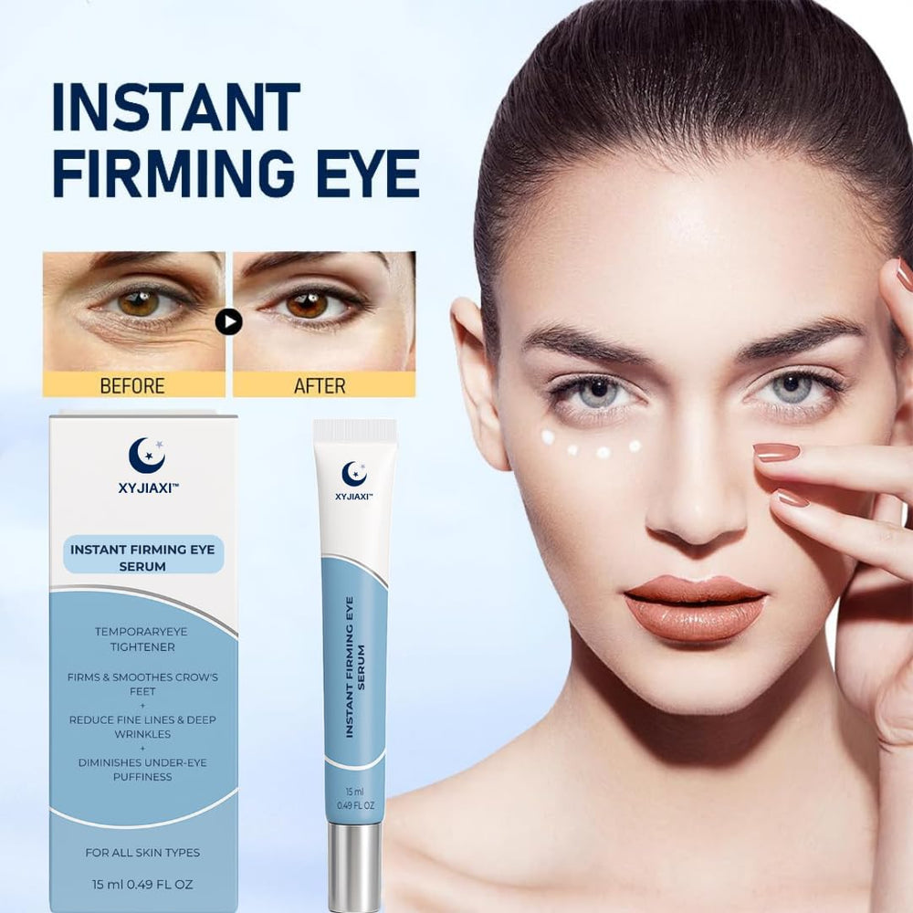XYJIAXI Instant Firming Eye Serum before-after comparison illustrates lifting and reduced shadows.