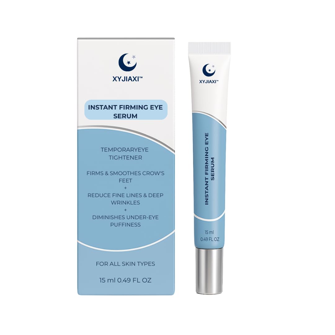 XYJIAXI Instant Firming Eye Serum morning routine shot with minimalist setup.