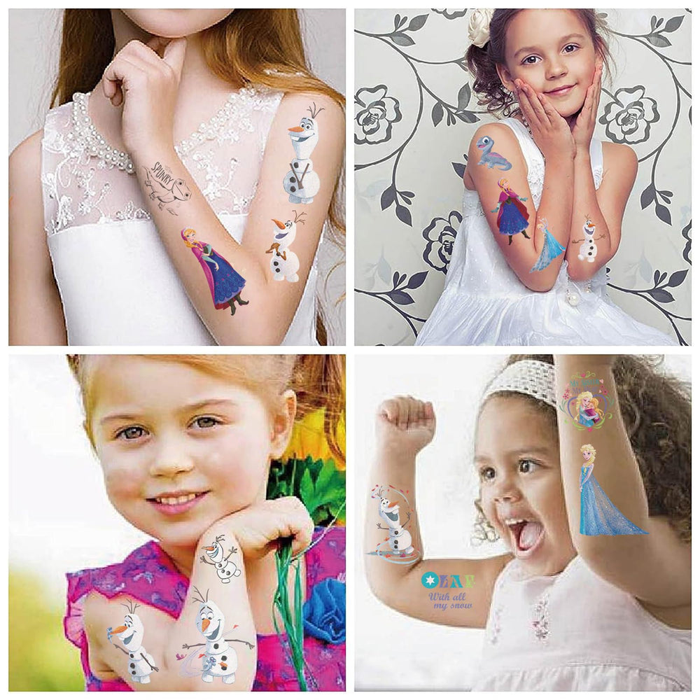 XYLL frozen tattoos sheets closeup showing colorful designs, ideal for kids' events.