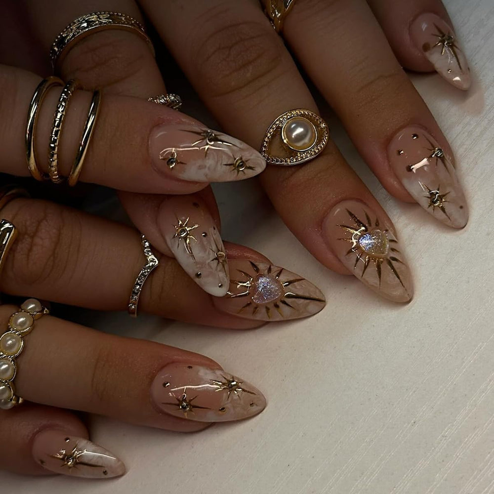 XZMeiLun 3D gold sun star nails in almond shape for daily wear