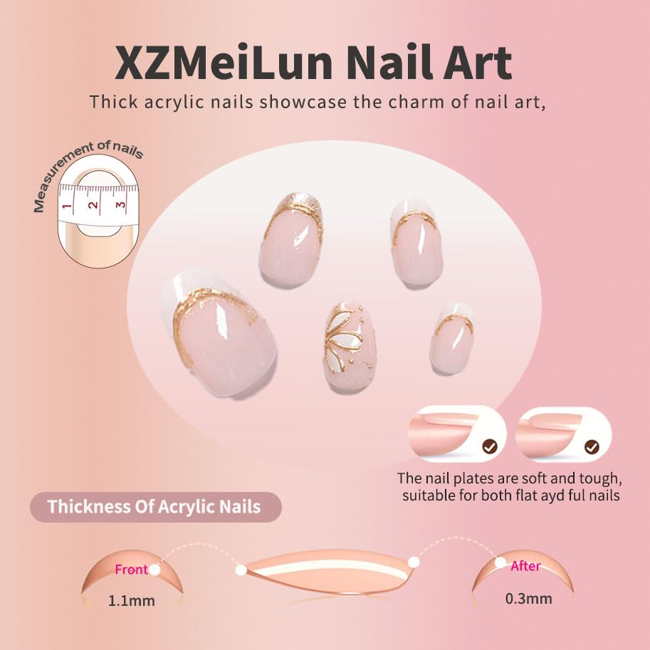 Close-up of XZMeiLun white flower French tips with gold line detail.