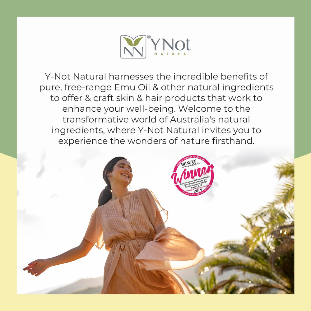 Elegant 200ml bottle packaging of Y Not Natural Emu Oil