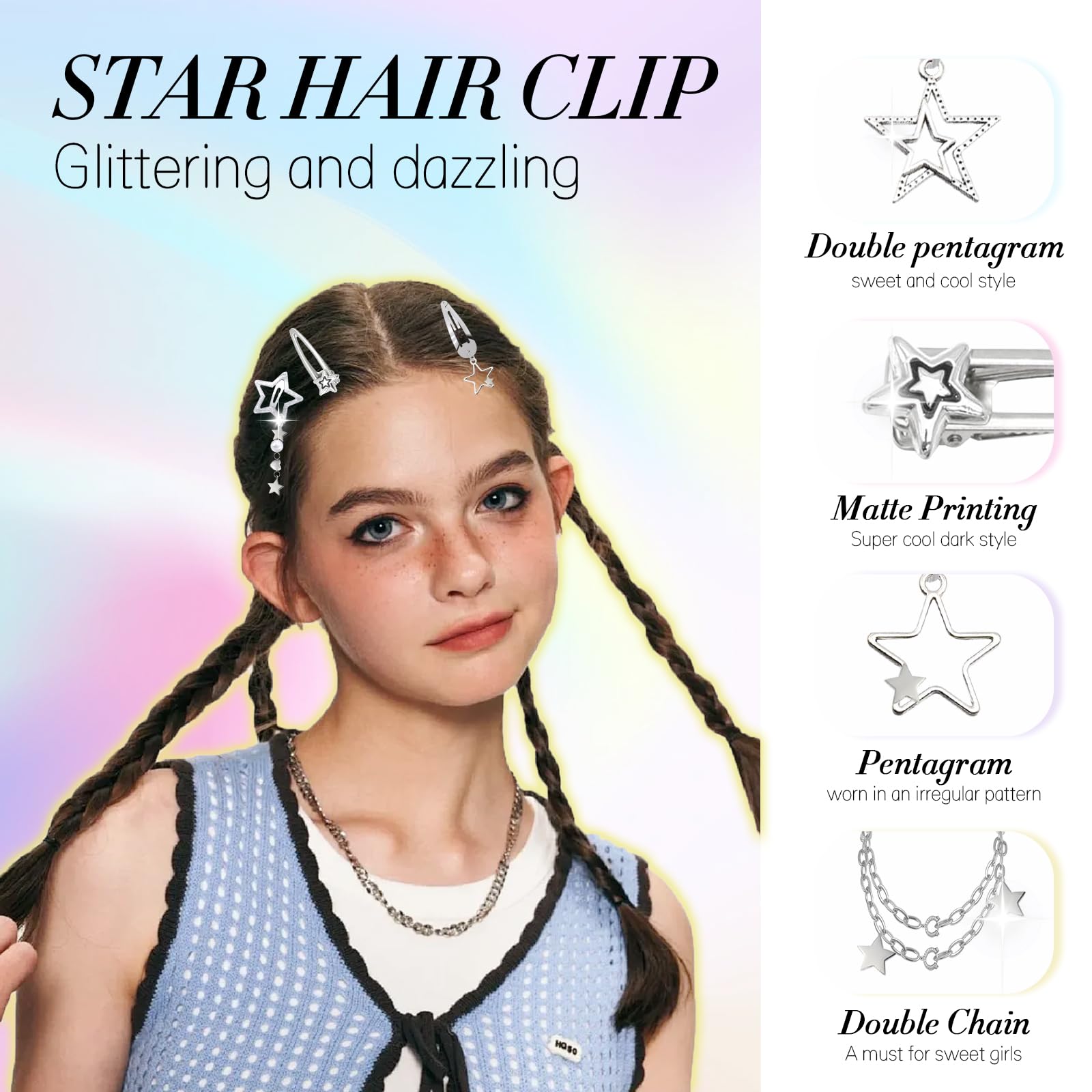 The Y2K star hair clips set features a silver metal snap closeup.