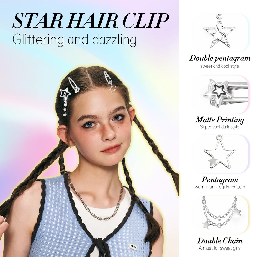 The Y2K star hair clips set features a silver metal snap closeup.