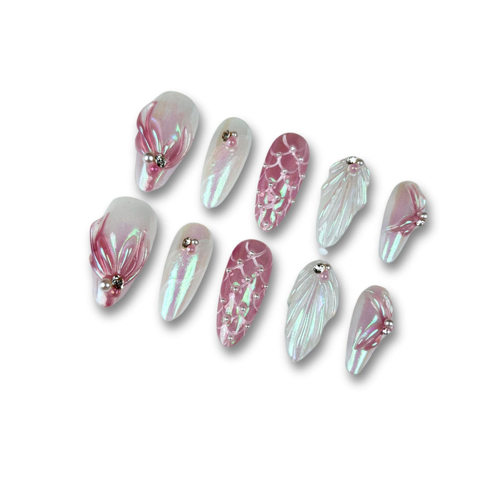 Yabonica 10-piece handmade 3D almond press-on nails with hand-painted art for salon-quality at home