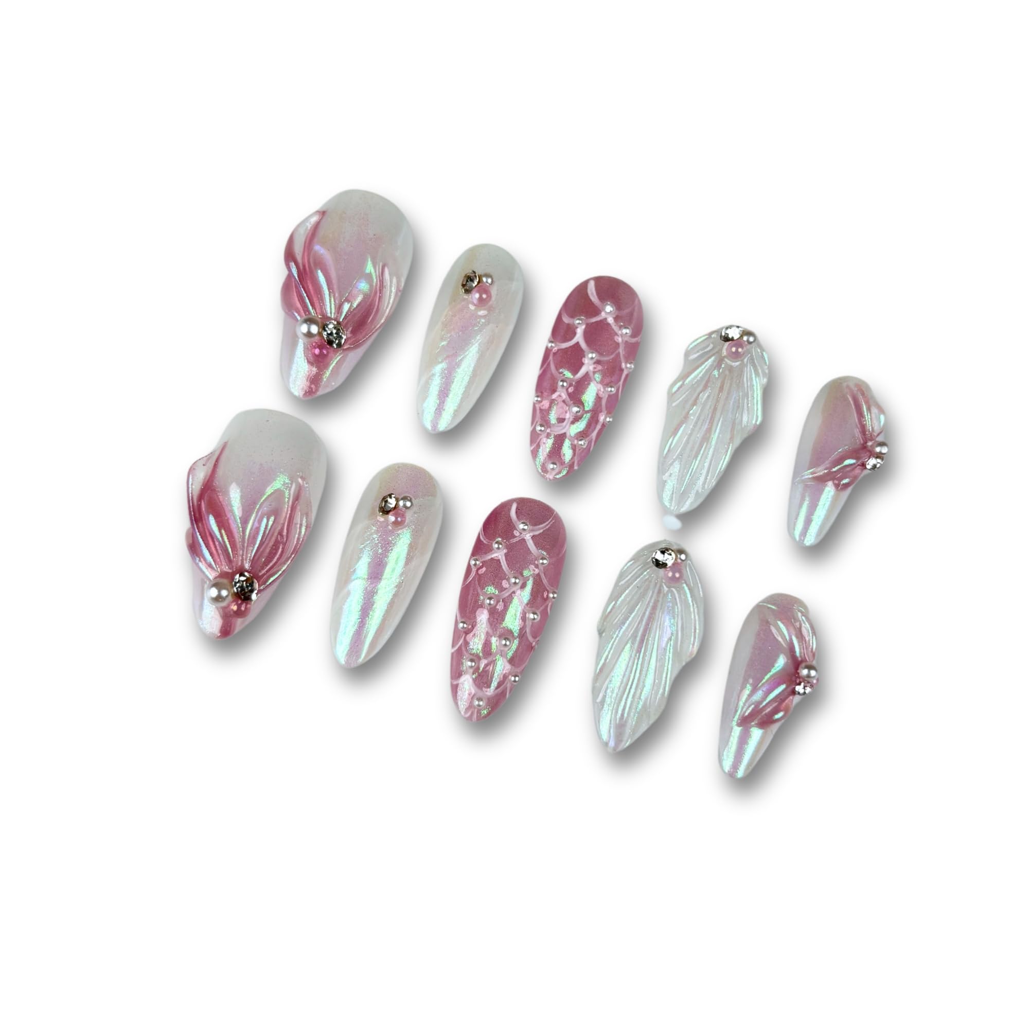 Yabonica almond 3D press-on nails for quick, stylish DIY manicures.