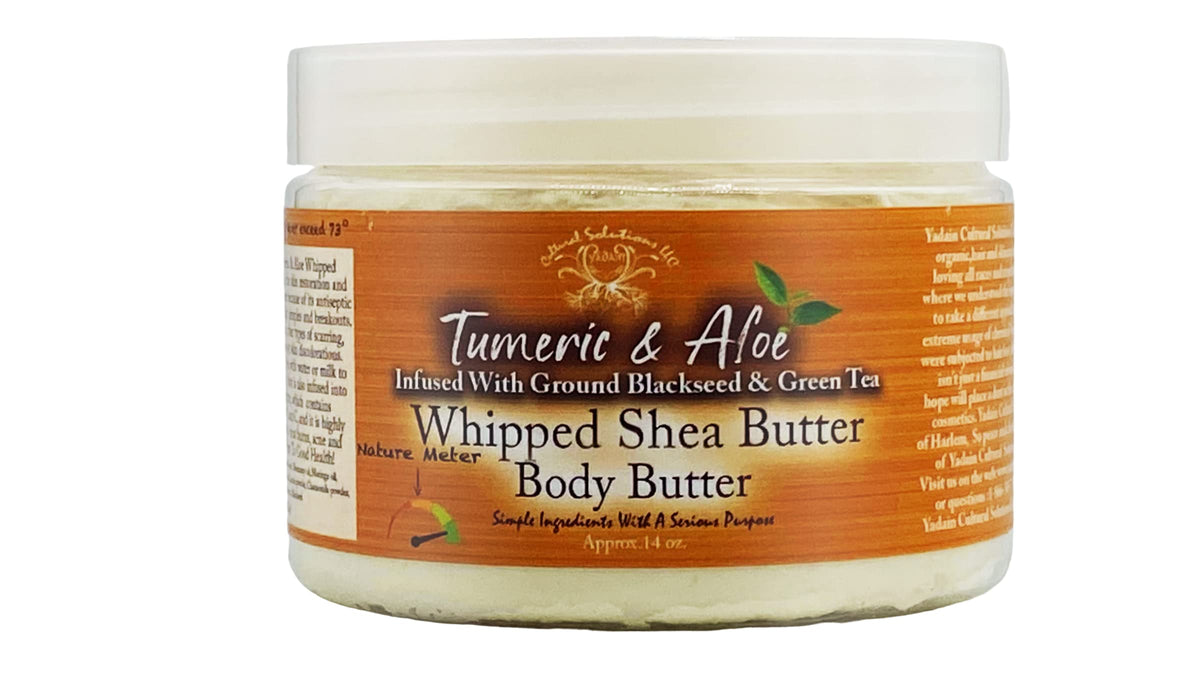 YADAIN Turmeric & Aloe Whipped Shea Body Butter jar delivering deep hydration for soft skin