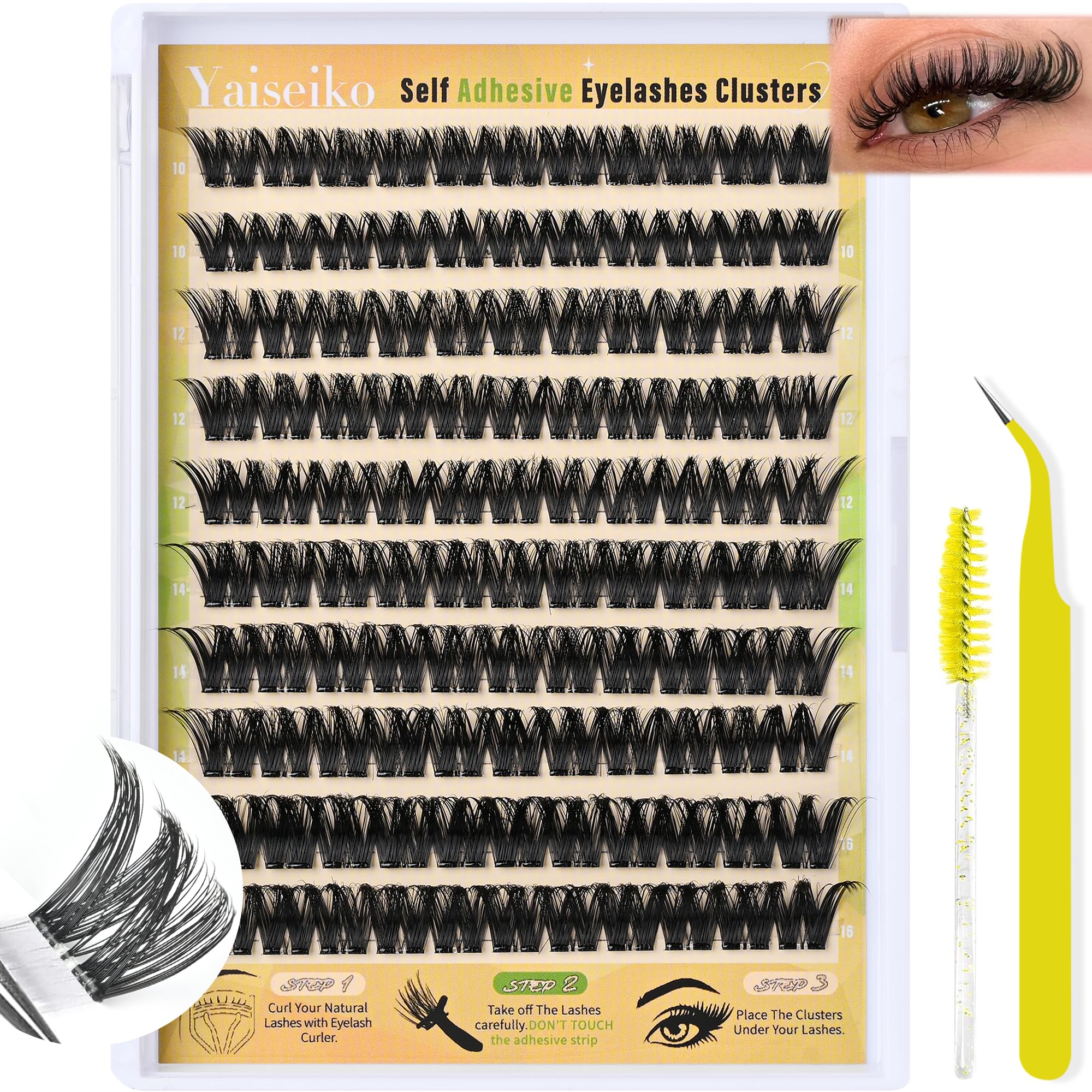Yaiseiko clear-band self-adhesive lashes with 110 clusters for seamless day wear.