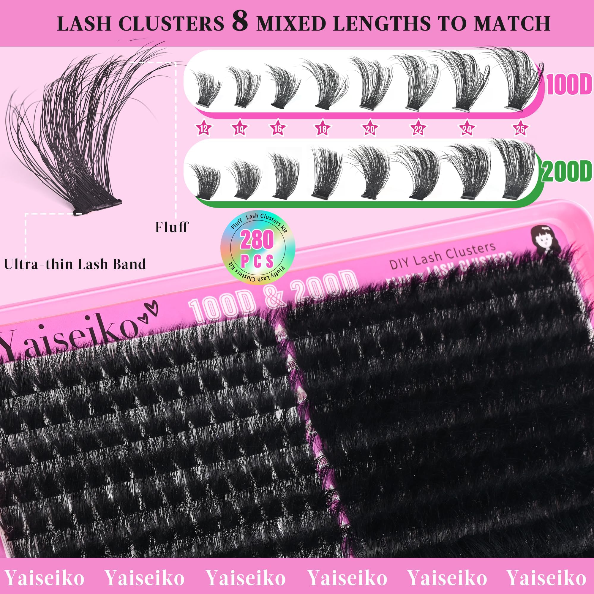 Yaiseiko dramatic 12-25mm lash clusters deliver a bold, layered effect.