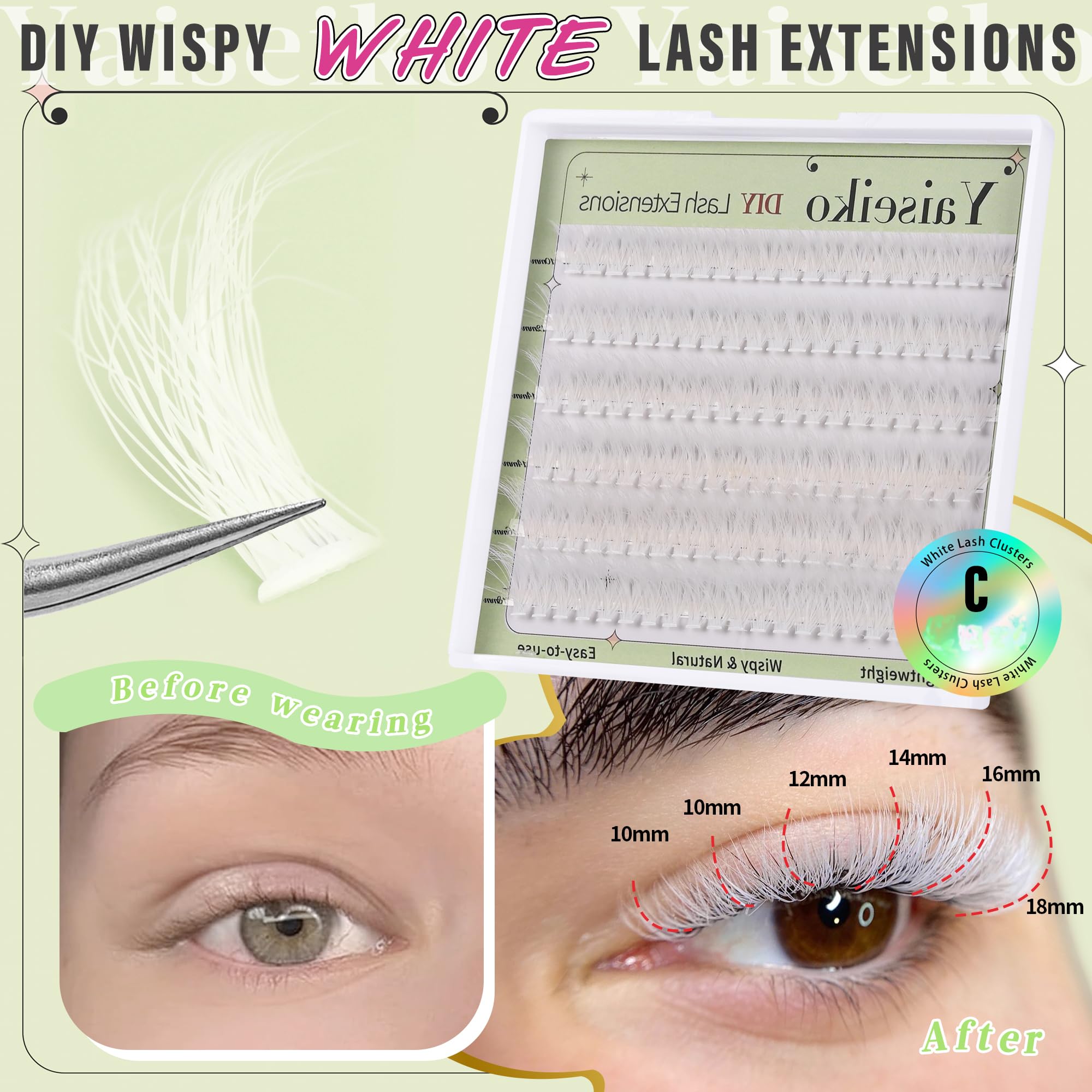 Yaiseiko white lash clusters wispy 12mm balanced volume and easy wear