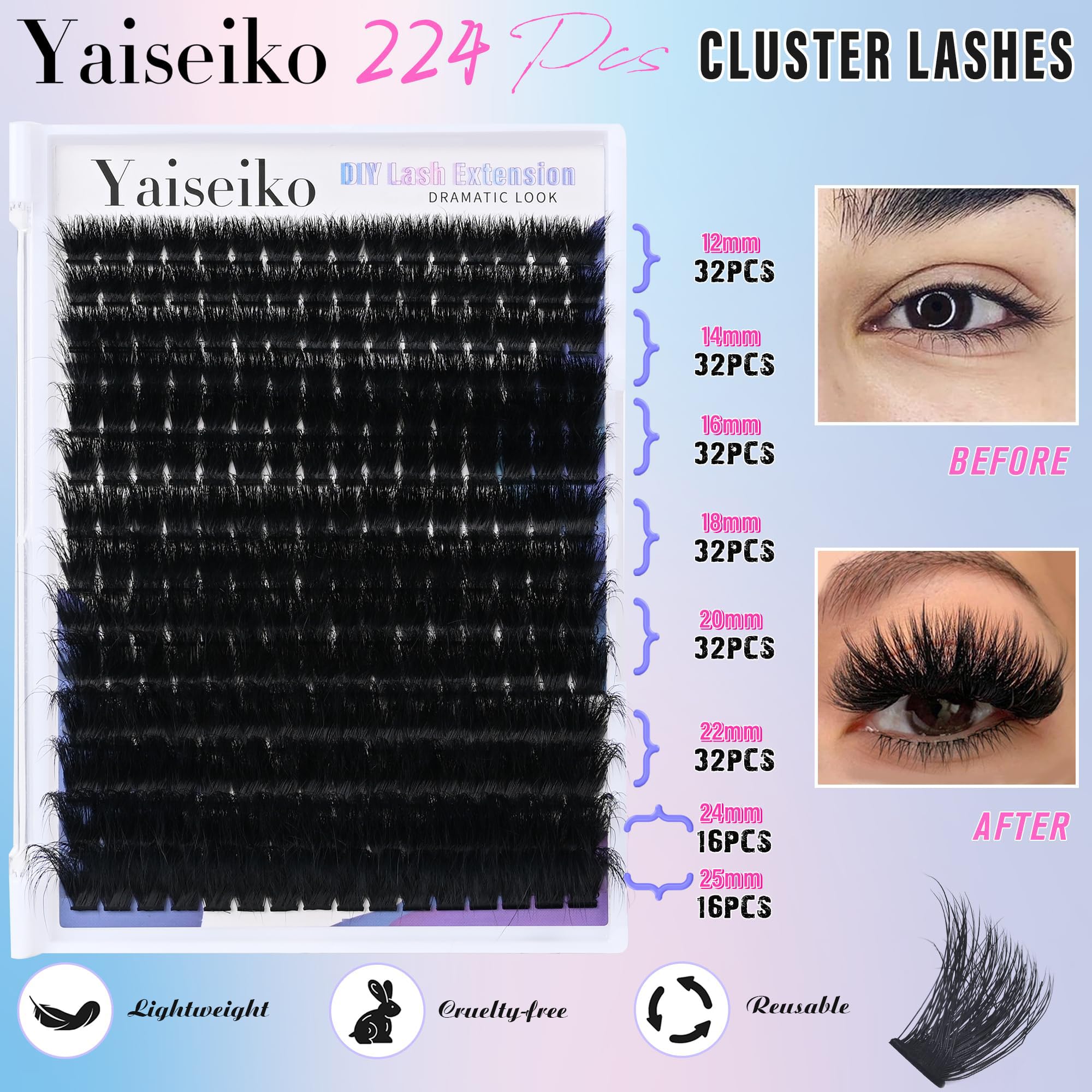 Yaiseiko wispy cluster eyelashes add natural texture with long-lasting curl.
