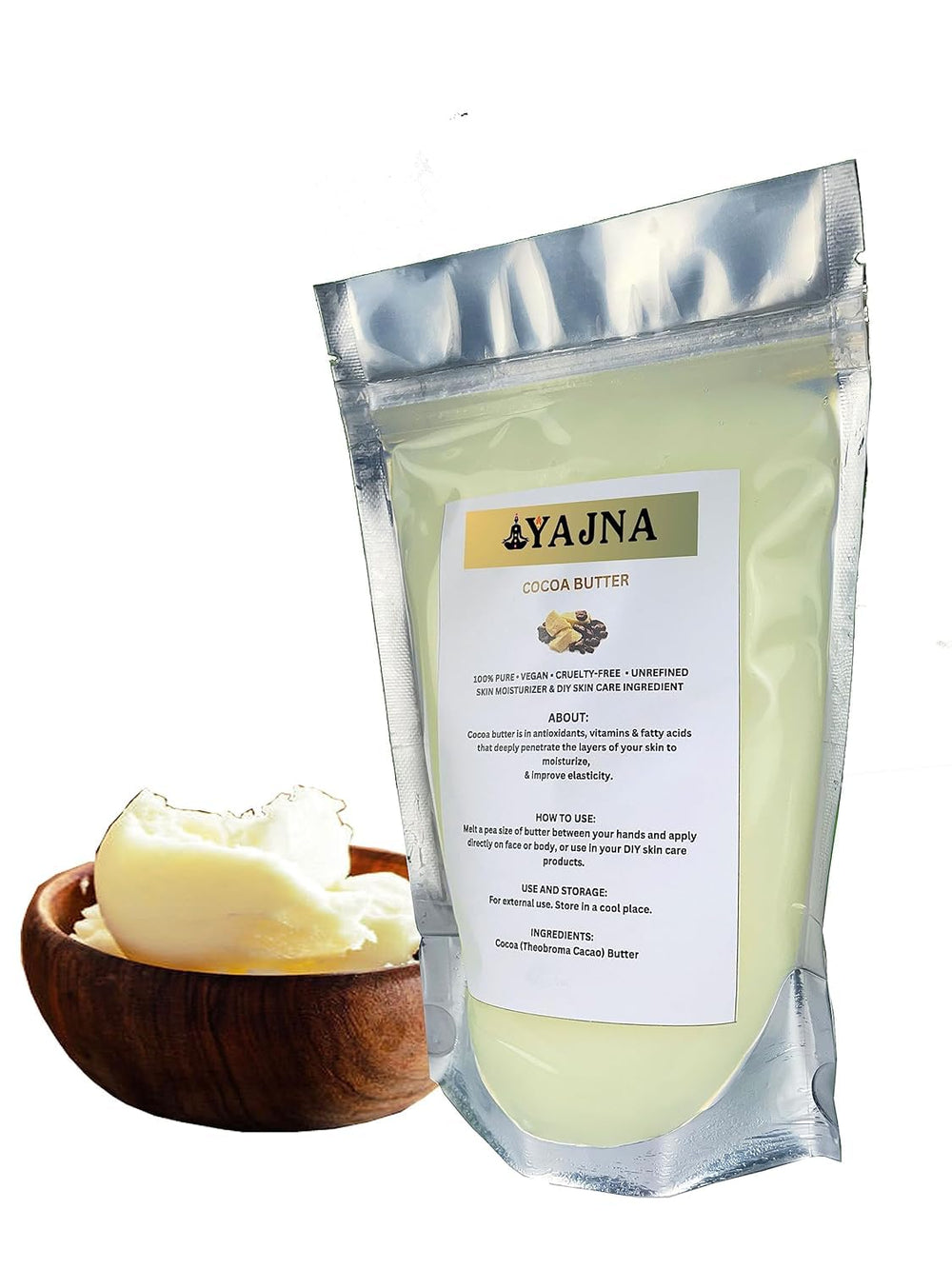 Creamy texture close-up of Yajna cocoa butter perfect for quick melting.