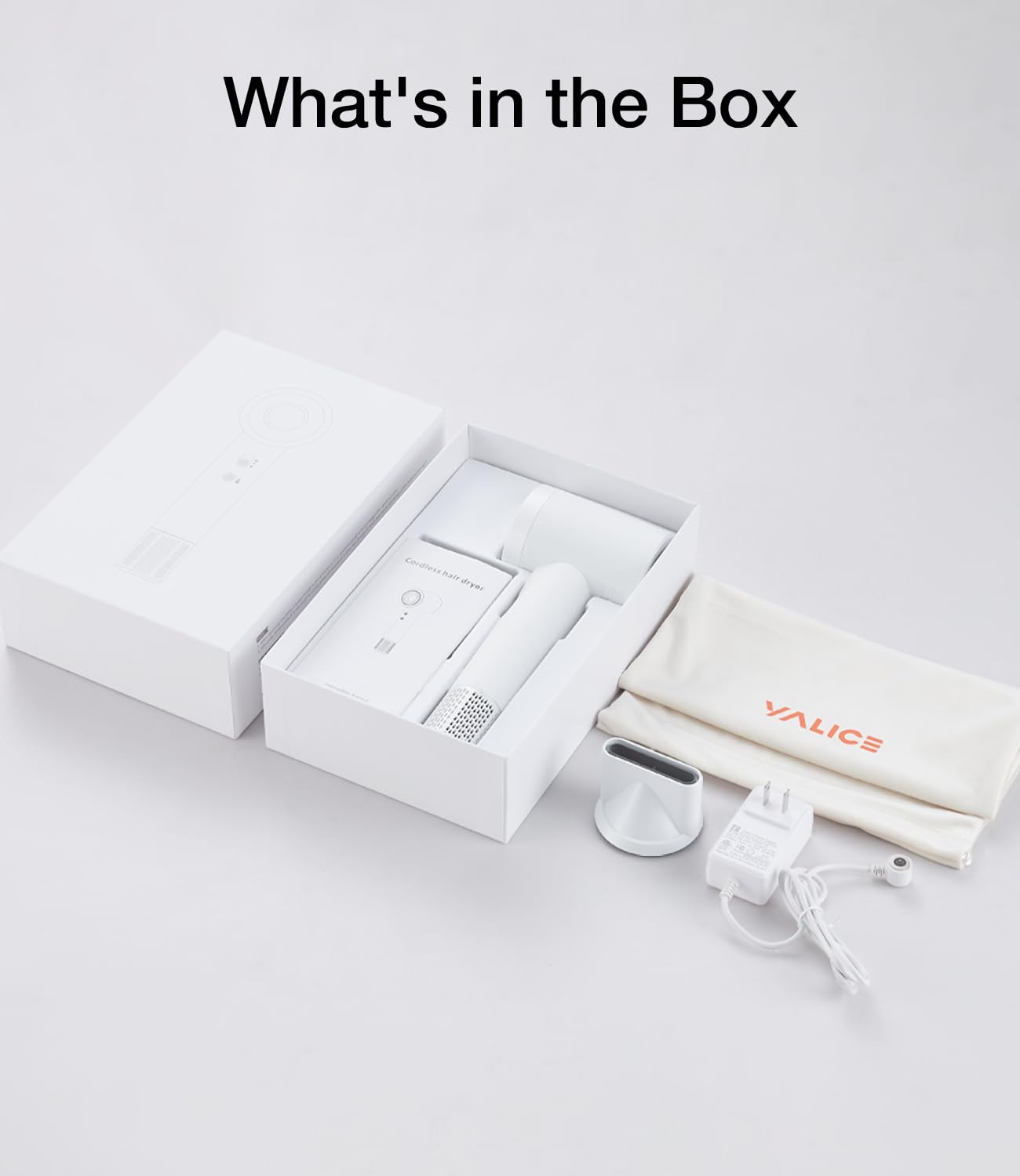YALICE in-the-box includes charger, magnetic nozzle, storage bag, and manual.