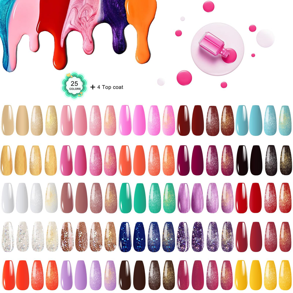 YALSYNY matte, glossy, glitter, and golden top coats create varied effects.