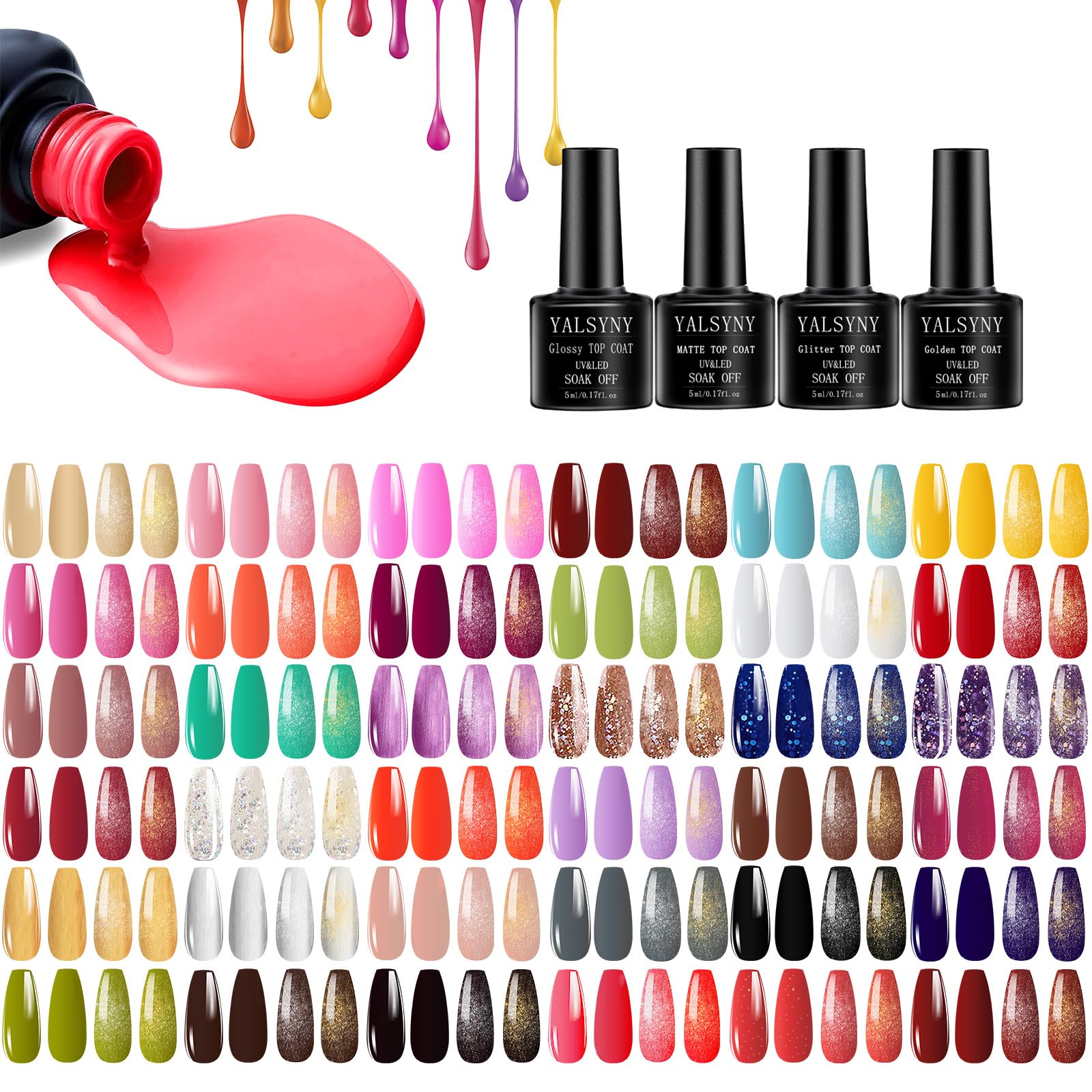YALSYNY 36-color gel polish set with matte, glossy, glitter, and golden top coats.
