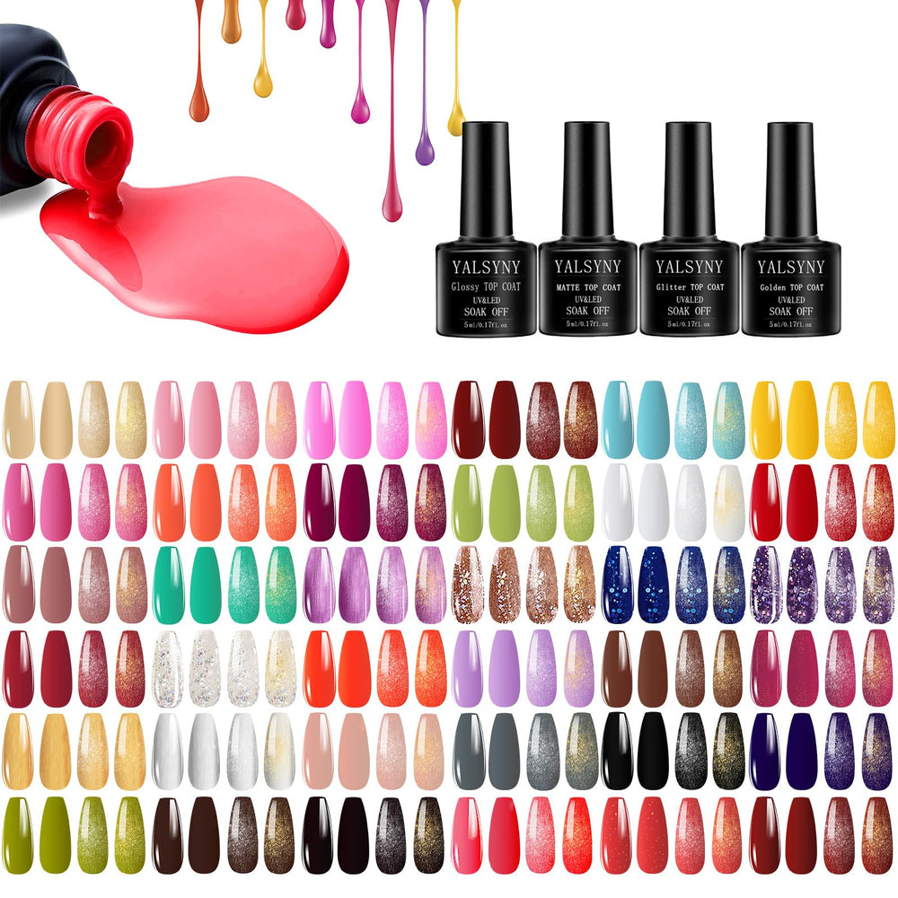 YALSYNY 36-color gel polish set with matte, glossy, glitter, and golden top coats.