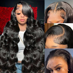 Yamikk 13x6 body wave lace front wig showing natural black color and middle-part design.