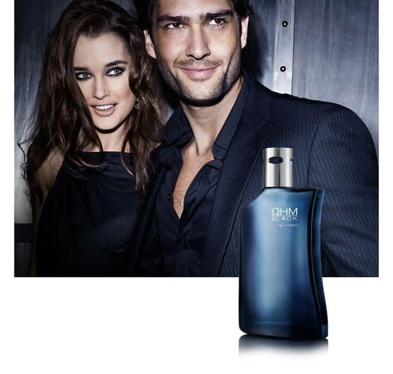 Yanbal Ohm Black close-up reveals textured bottle and craftsmanship.