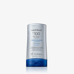 Yanbal Total Block SPF100 bottle showing quick-absorbing protection for daily wear.