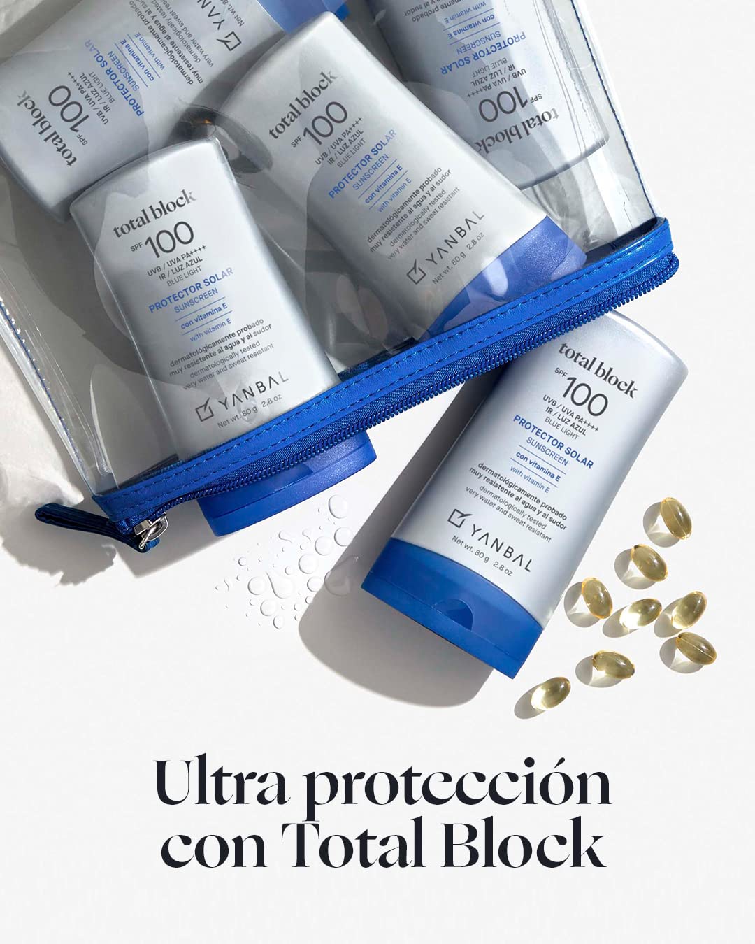 Yanbal Total Block SPF100 pump bottle illustrating water-resistant high-protection sunscreen.