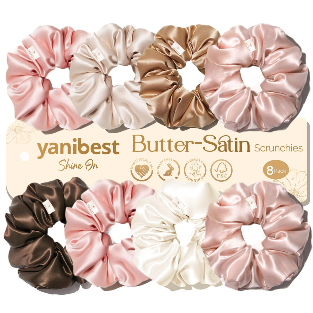 Yanibest 8-pack satin scrunchies with soft butter satin for comfortable, non-damaging wear.