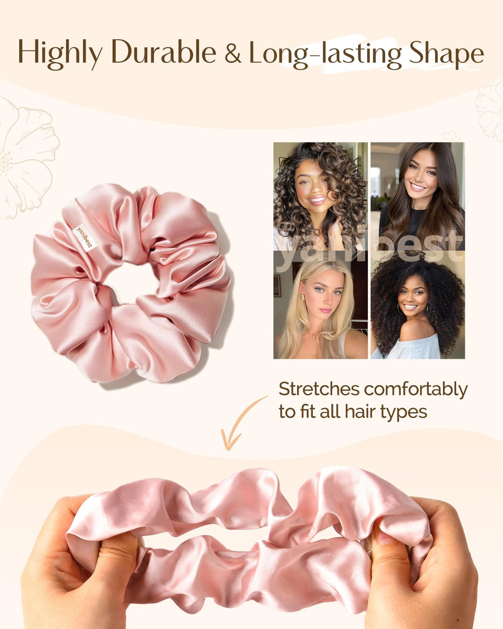 Yanibest satin hair ties show gentle elasticity for secure, snag-free hairstyles.