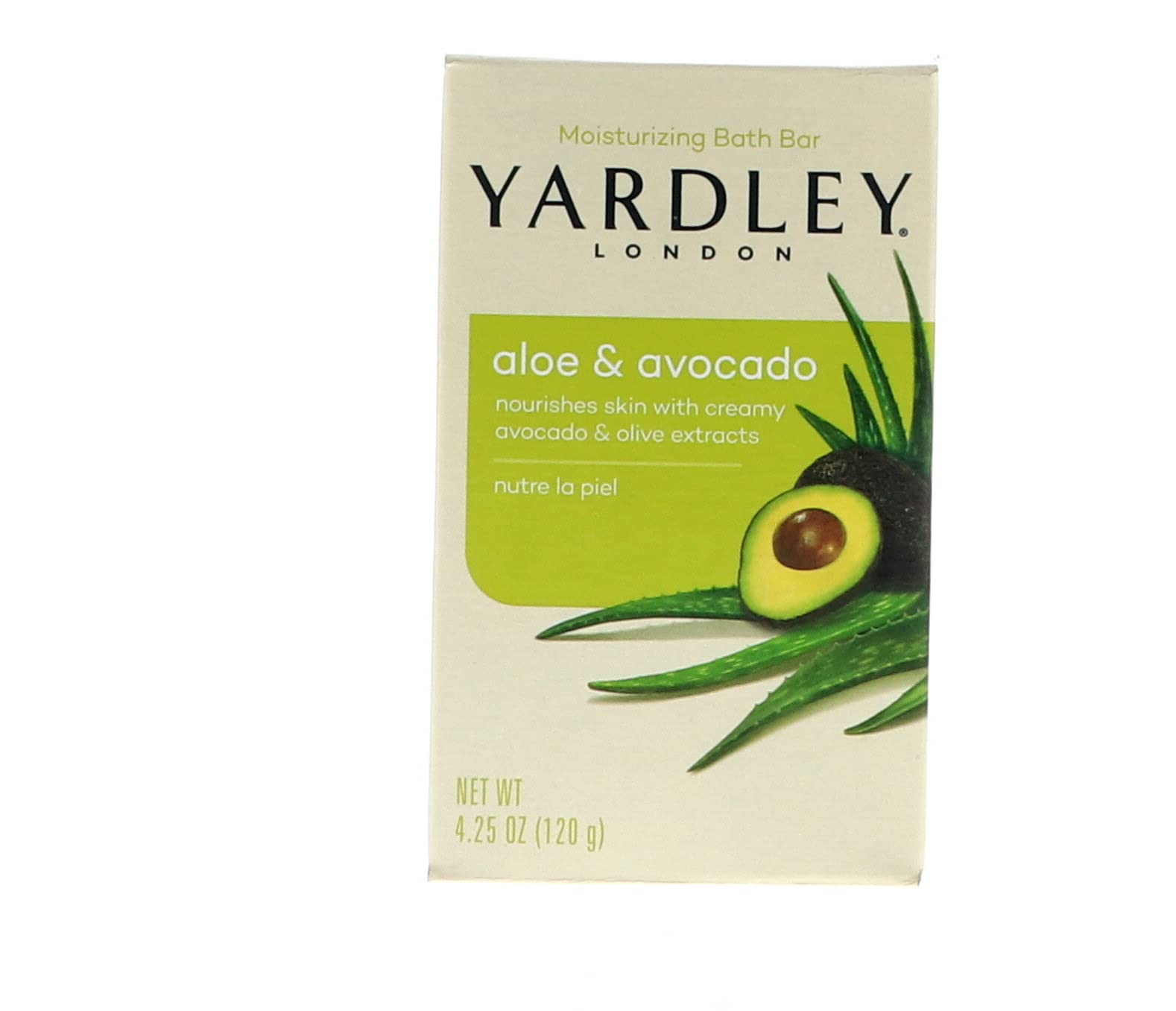 Yardley London Aloe Avocado bar packaging close-up showing nourishing ingredients for healthy skin