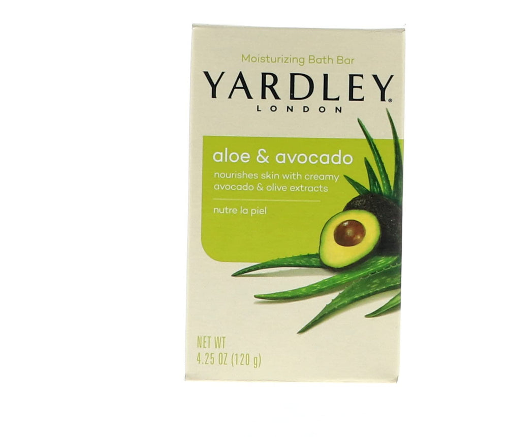 Yardley London Aloe Avocado bar packaging close-up showing nourishing ingredients for healthy skin