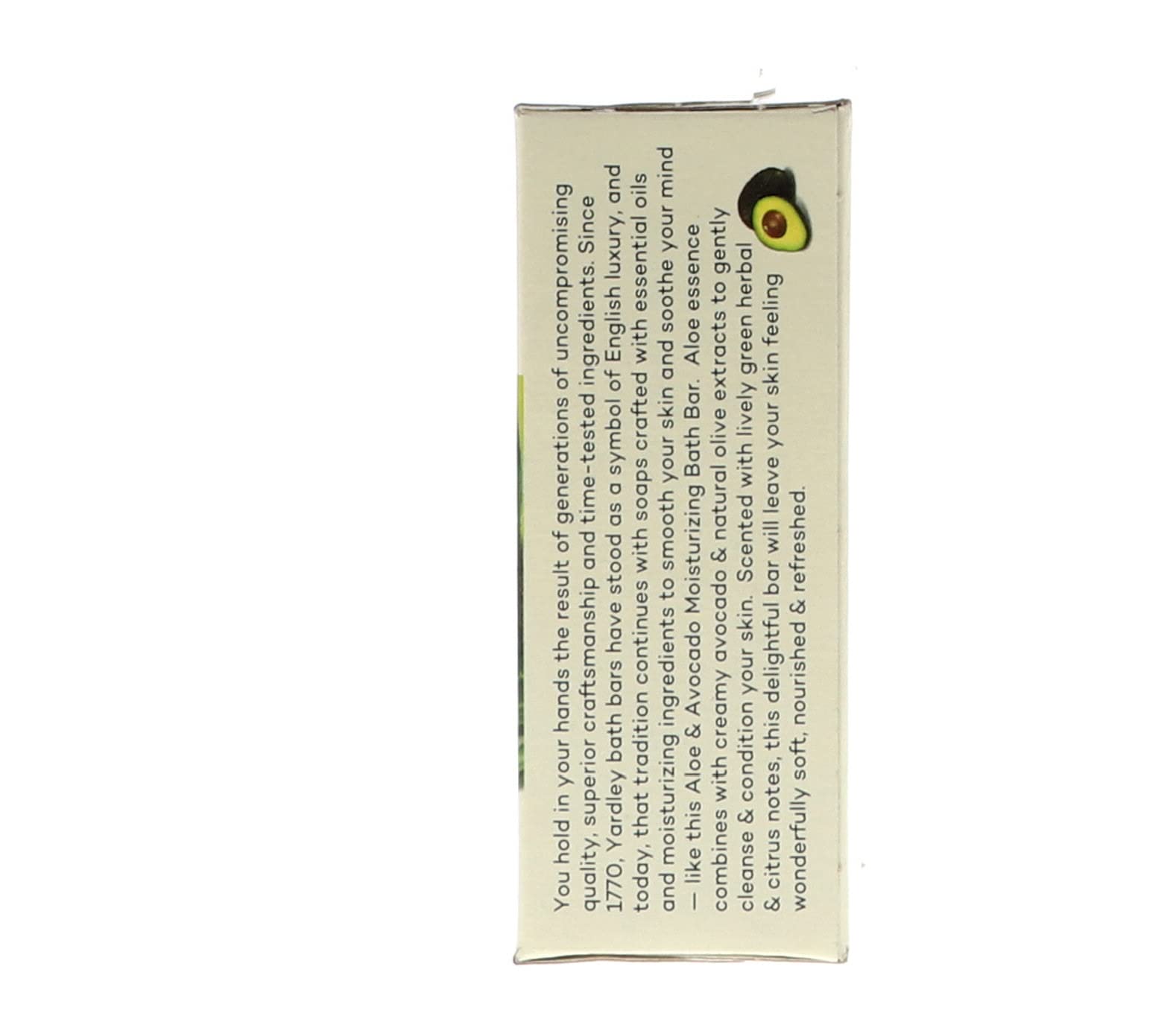 Yardley London Aloe Avocado bar packaging detail emphasizing paraben-free formula