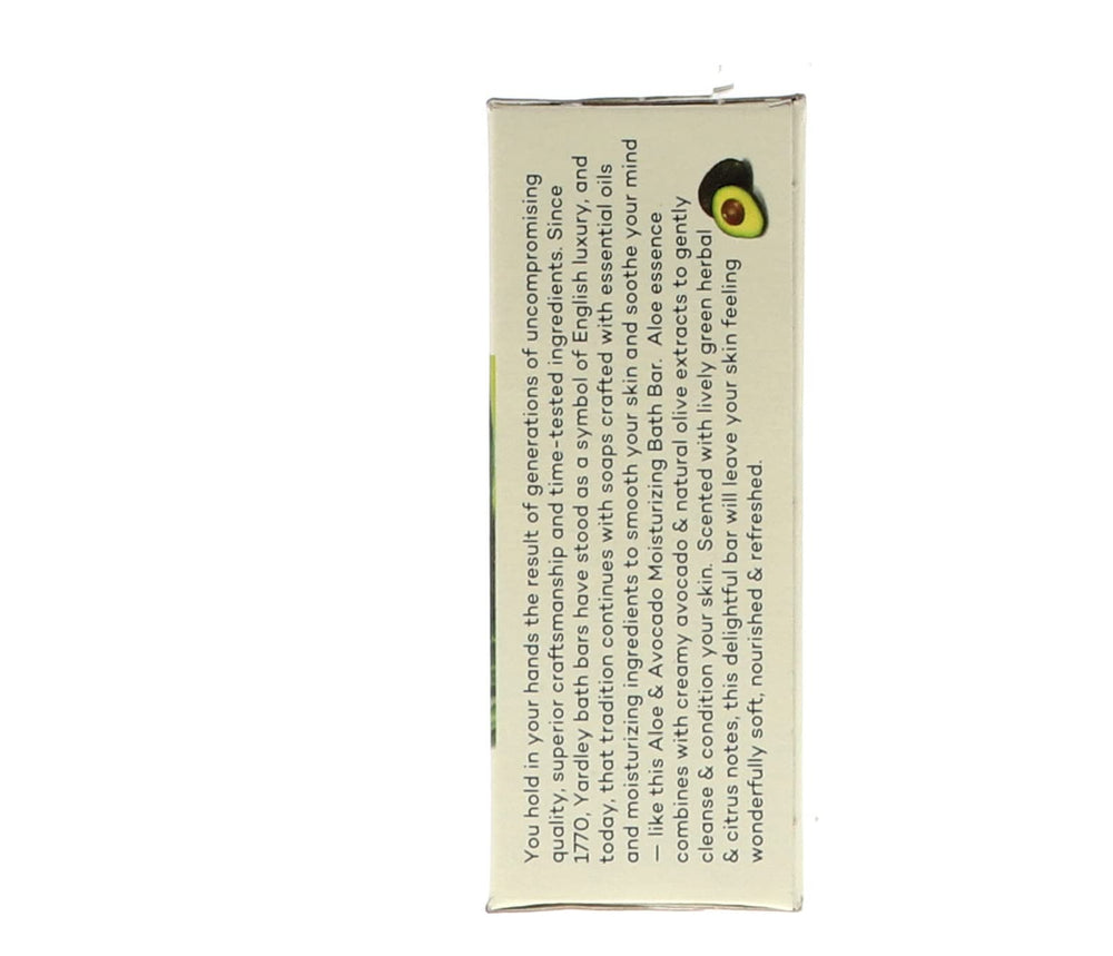 Yardley London Aloe Avocado bar packaging detail emphasizing paraben-free formula