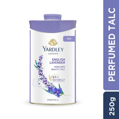 Yardley English Lavender talc packaging showcases classic London heritage.