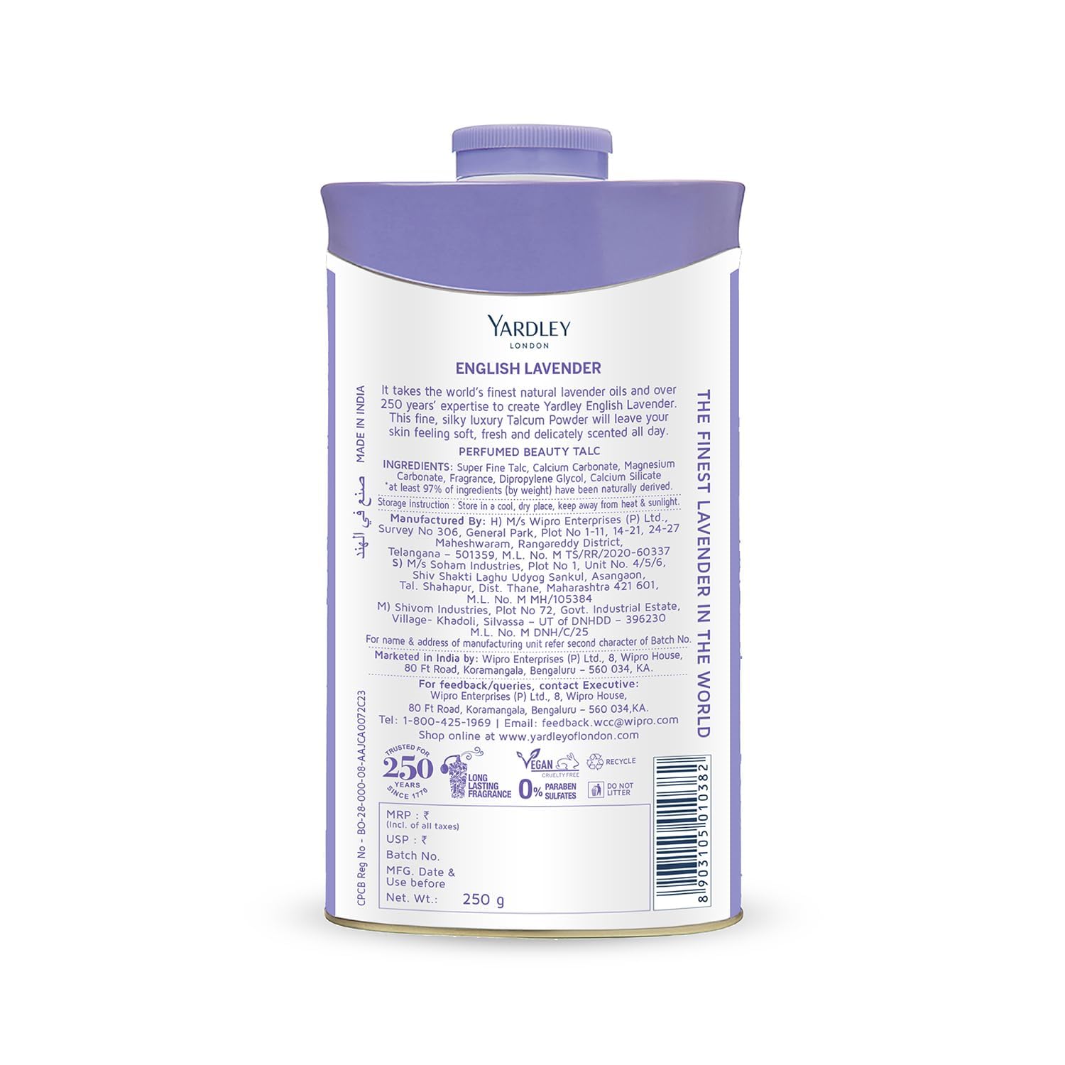 Yardley English Lavender talc texture offers gentle glide and comfortable powder feel.