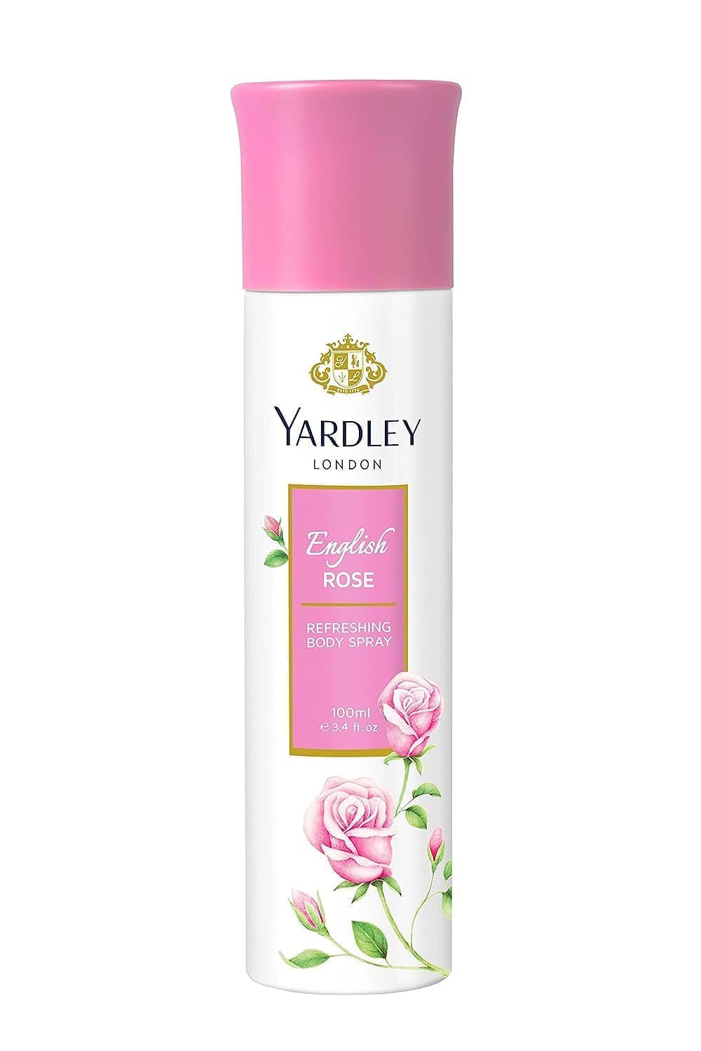 Yardley London English Rose bottle front promotes a delicate, uplifting floral scent.