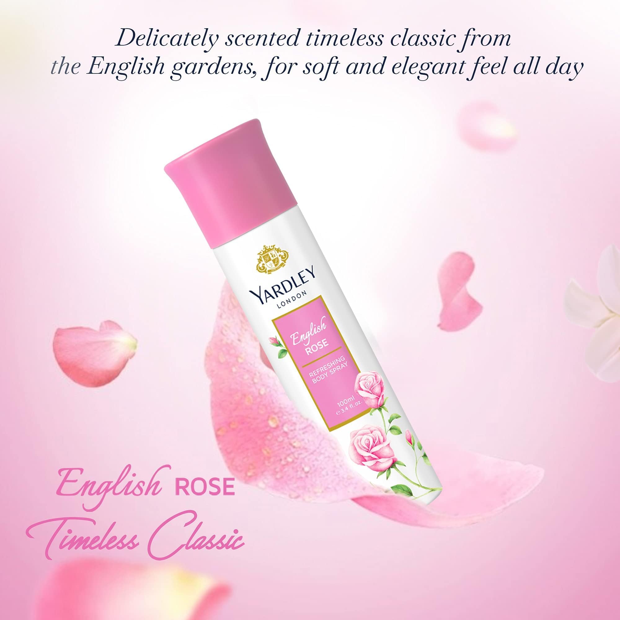 Yardley London English Rose bottle side highlights sleek packaging for everyday use.
