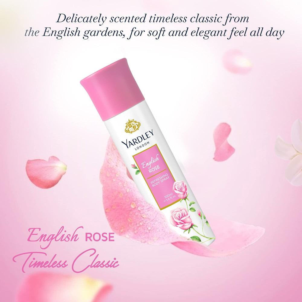 Yardley London English Rose bottle side highlights sleek packaging for everyday use.