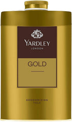 Yardley London Gold talc packaging close-up for a premium scent and long-lasting freshness