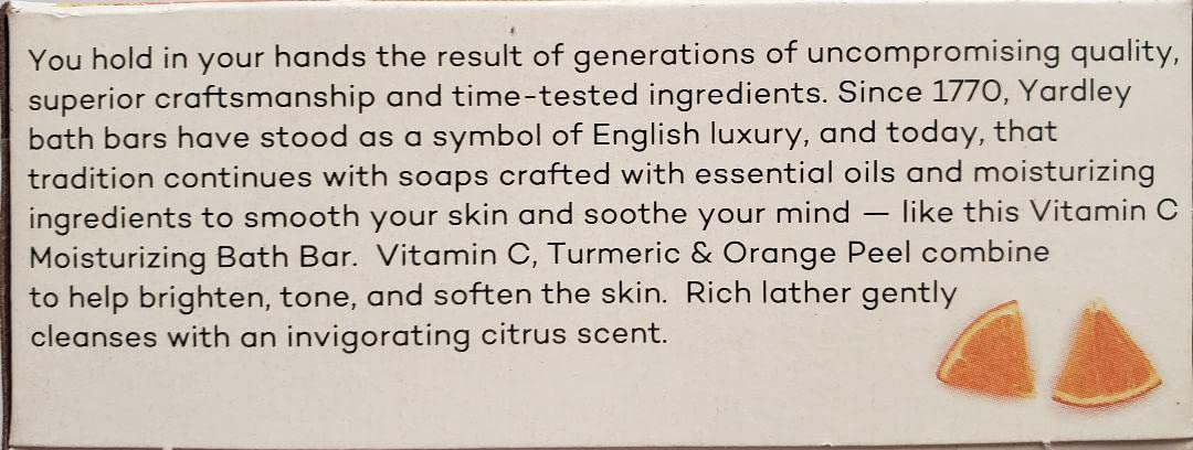 Yardley London Vitamin C bath bar rich-lather creates luxurious citrus cleansing.