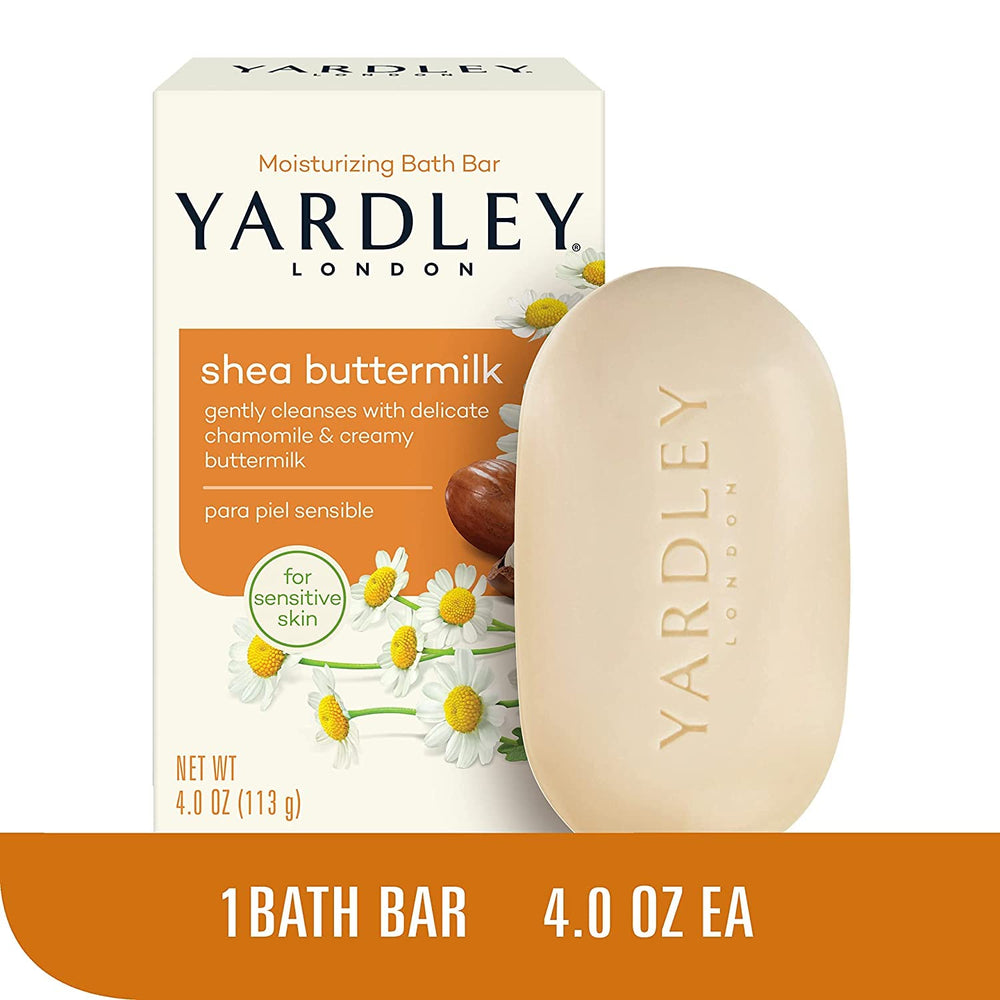 Yardley Shea Buttermilk Bath Bar closeup highlights shea butter texture for smooth skin.