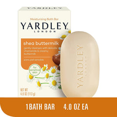Yardley Shea Buttermilk Bath Bar closeup highlights shea butter texture for smooth skin.