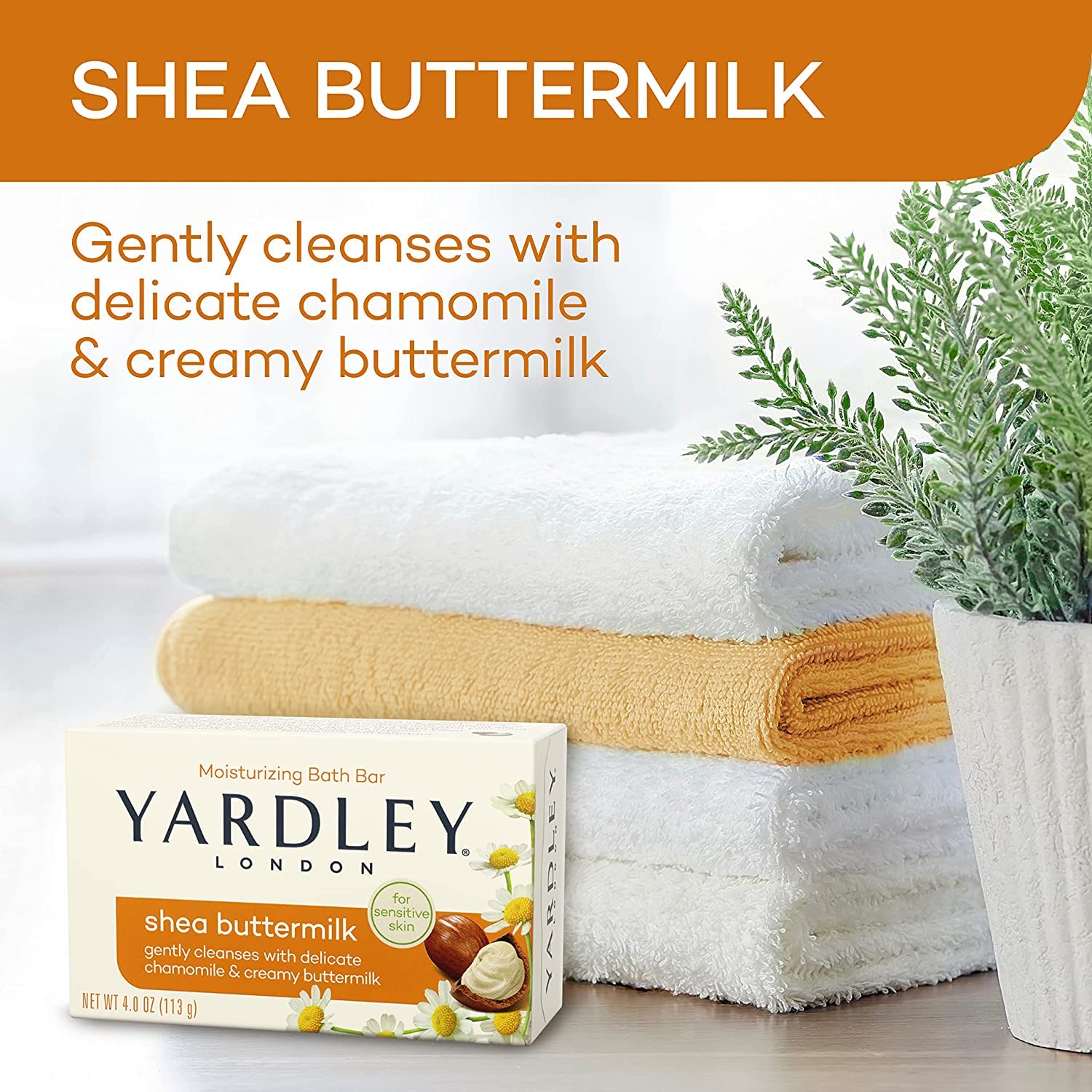 Yardley Shea Buttermilk Bath Bar creamy foam detail emphasizes moisturizing formula.
