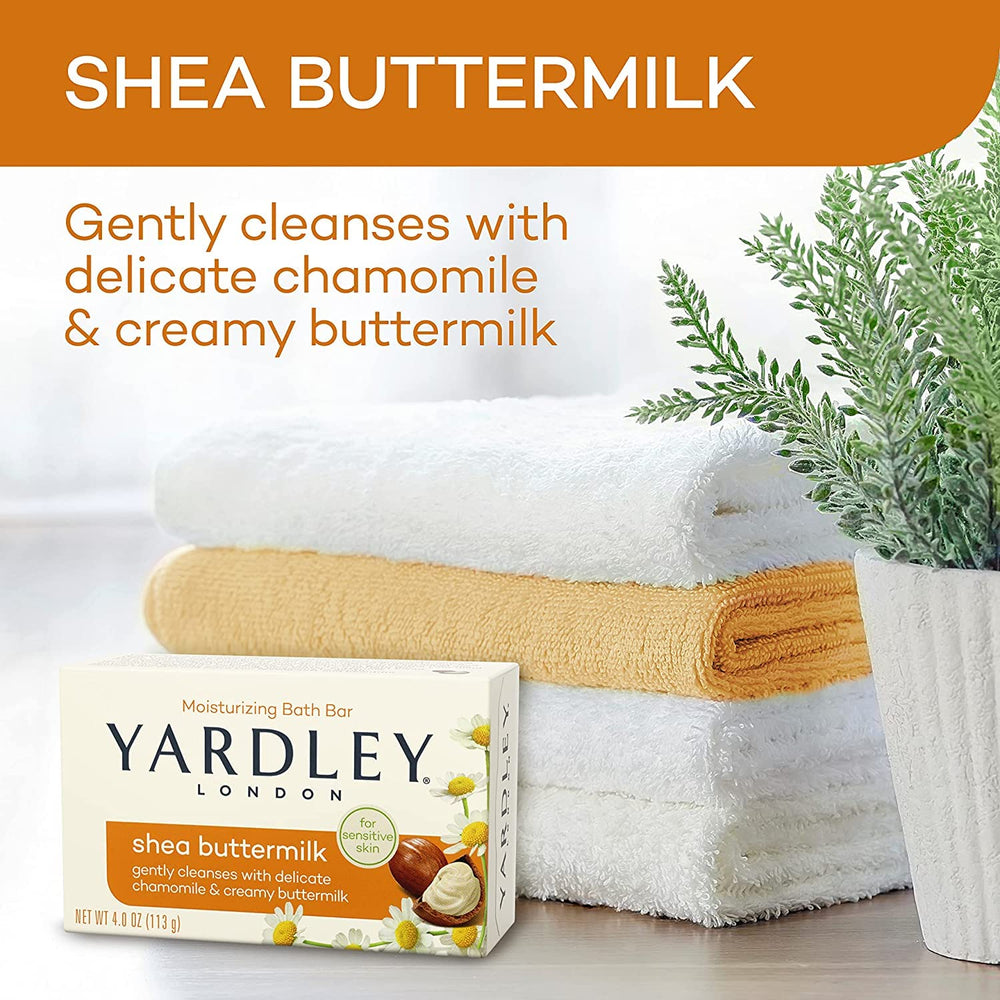 Yardley Shea Buttermilk Bath Bar creamy foam detail emphasizes moisturizing formula.