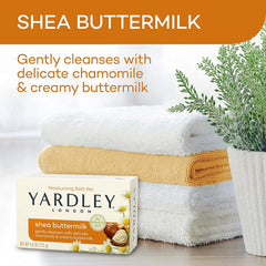 Yardley Shea Buttermilk Bath Bar creamy foam detail emphasizes moisturizing formula.