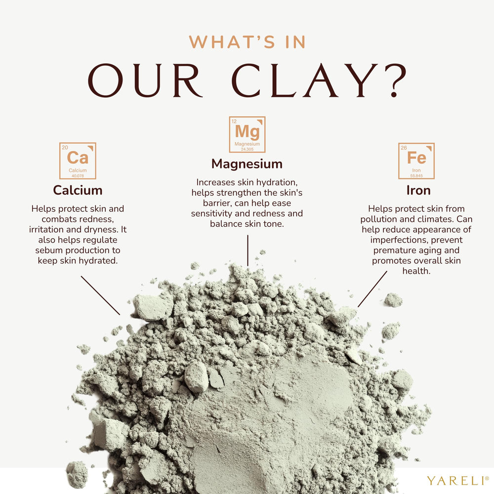 YARELI Bentonite clay face mask application demonstrates a smooth paste for cleansing.